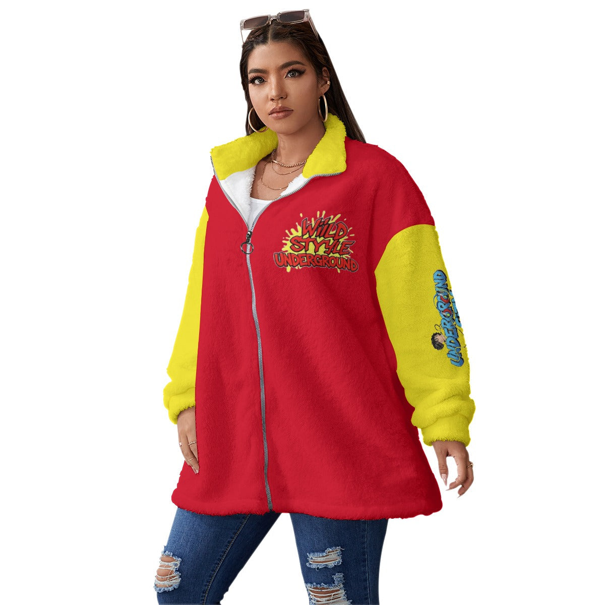 All-Over Print Unisex Borg Fleece Stand-up Collar Coat With Zipper Closure(Plus Size) wildsyle underground