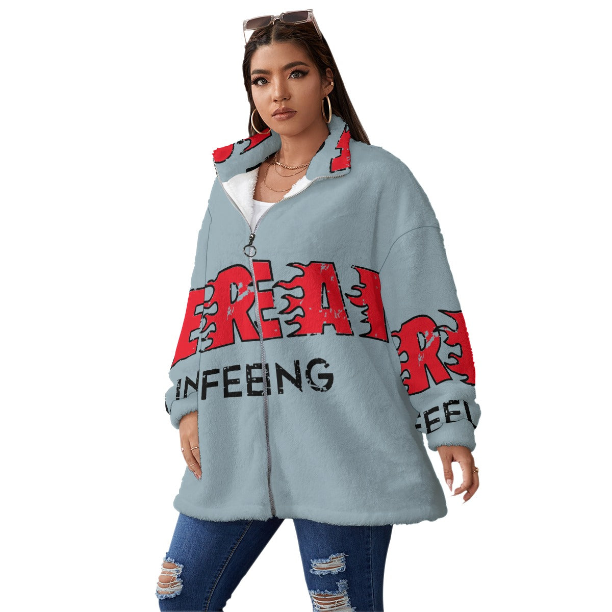 All-Over Print Unisex Borg Fleece Stand-up Collar Coat With Zipper Closure(Plus Size) Yoycol